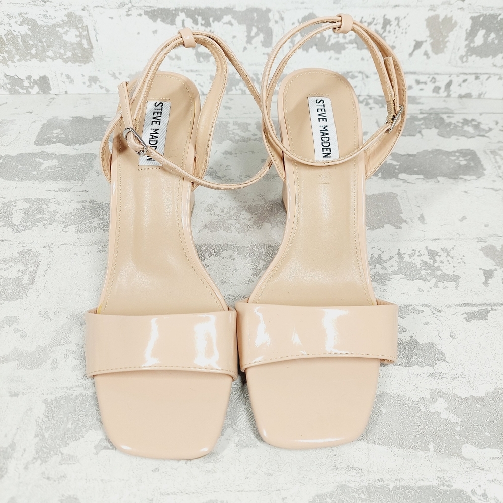 New Steve Madden Shapely In Tan Patent Cream Wedge Sandal  W17 - Picture 11 of 14
